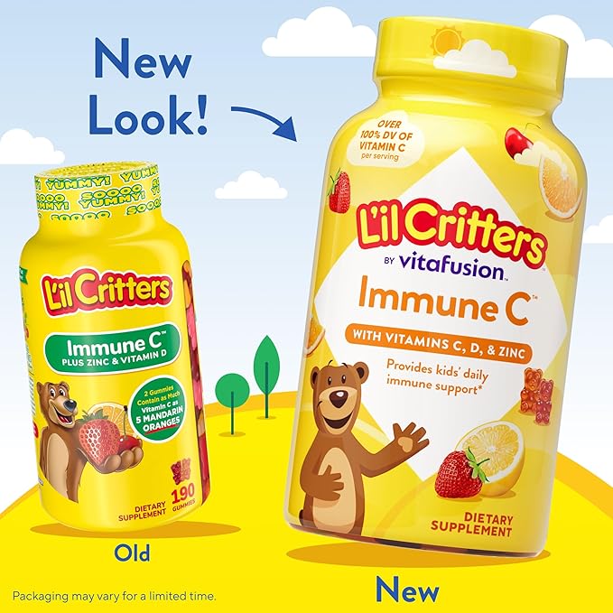 L’il Critters Immune C Daily Gummy Supplement Vitamin for Kids, for Vitamin C, D and Zinc for Immune Support, Orange, Lemon, Strawberry and Cherry Flavors, 190 Gummies (Packaging May Vary)
