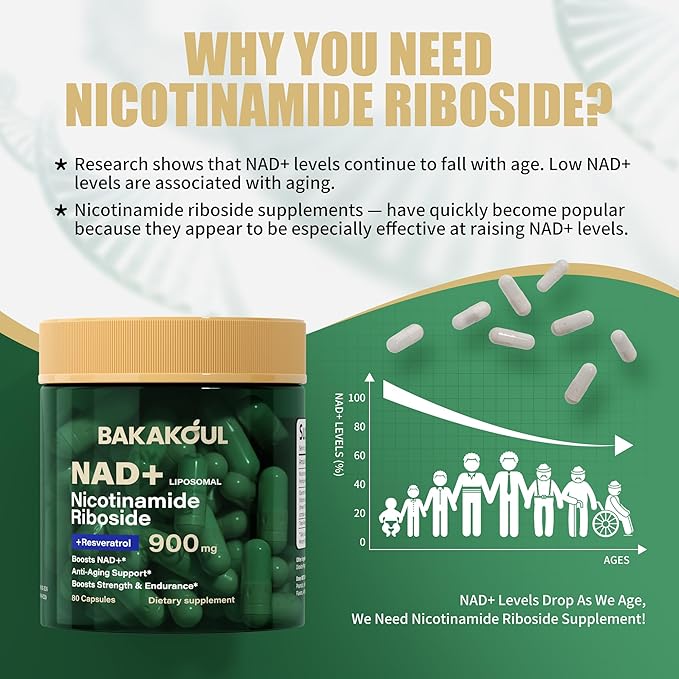 BAKAKOUL NAD Supplement - Liposomal Nicotinamide Riboside, Resveratrol, Quercetin, NAD Nicotinamide Riboside Resveratrol 900mg, NAD+ Supplement for Men and Women, 80 Capsules 1 Pack