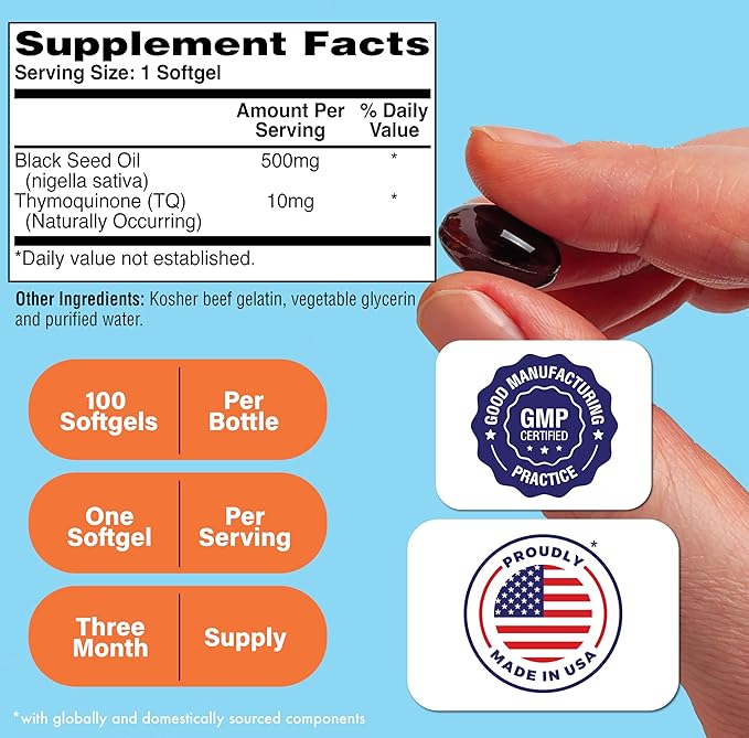 Health Thru Nutrition Black Seed Oil 500mg 100 Softgels | High Potency 2% Thymoquinone | 3rd Party Tested | Pure Cold Pressed | Organically Grown | Non-GMO, Gluten Free, Soy Free