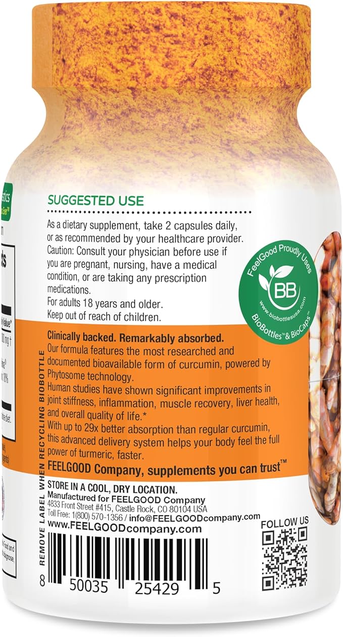 FeelGood Superfoods - Turmeric Curcumin Capsules - Ultra High Absorption - 60ct - 1000mg per Serving