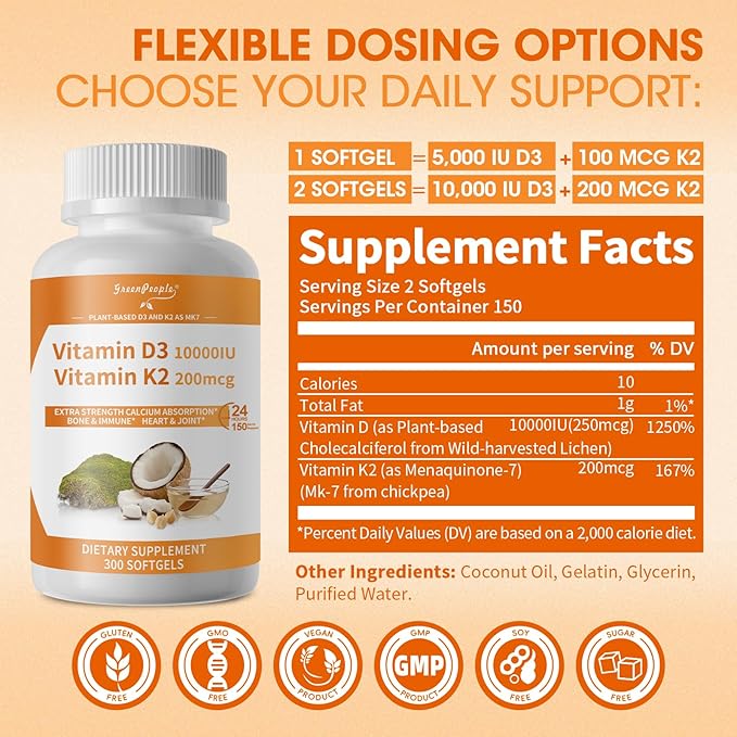 GREENPEOPLE K2 D3 Vitamin Supplement, Vitamin D-3 & K-2 MK-7, 10,000 IU/200 mcg, with Virgin Non-GMO Coconut MCT Oil | 300 Vegan Softgels | Bone Health, Immune Support