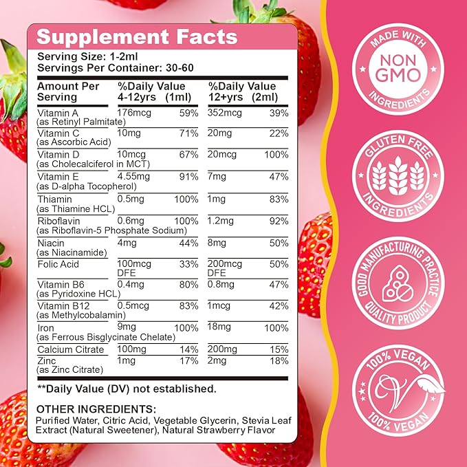Liquid Iron Supplement for Kids, Women & Men - with Calcium, Zinc, Kids Multivitamin with Iron Drops - Immune Support, Blood Builder & Energy Support for Iron Deficiency, Anemia, Vegan 2 Fl Oz