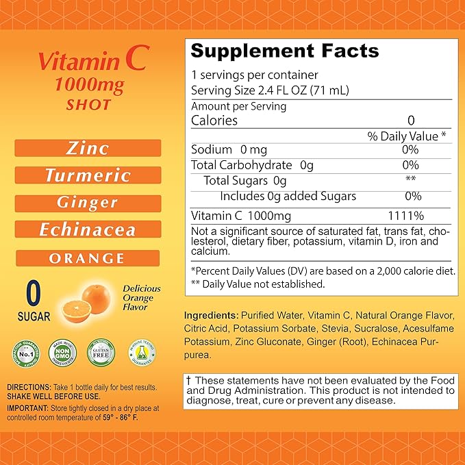 ALFA VITAMINS Vitamin C Shot 1000mg with Zinc, Ginger & Echinacea – Supports Immune Health & Daily Wellness – Orange Flavor – 2.4 FL Oz Bottle – 80 Pack