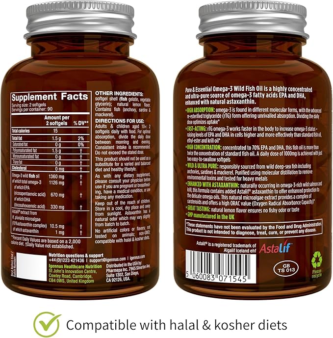 Igennus Ultra Pure Omega 3 Triglyceride rTG Wild Fish Oil 1360mg, IFOS Certified, EPA DHA 1000mg Plus Astaxanthin, Non-GMO, for Men & Women, 180 Softgels