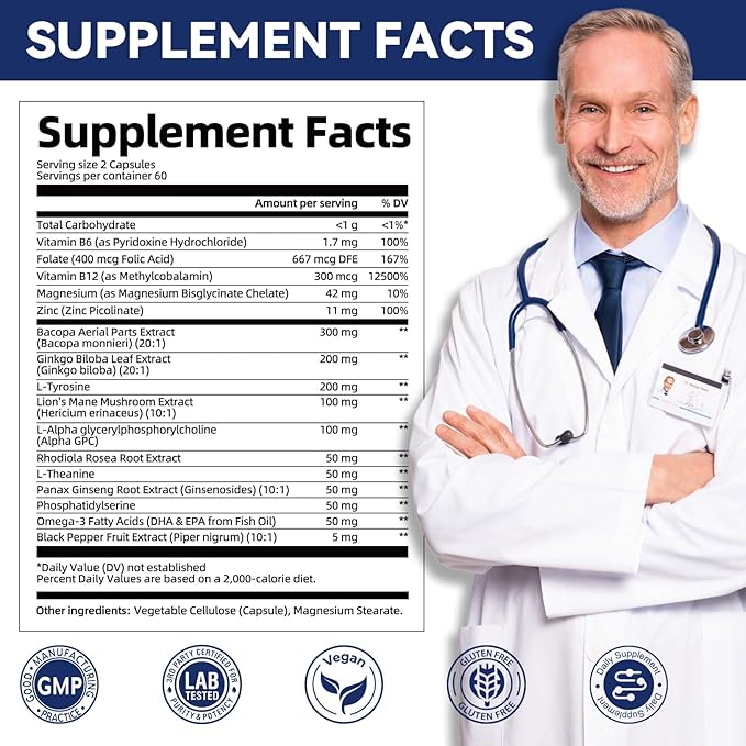 Brain Supplements for Memory & Focus - Nootropic with Bacopa Monnieri, Lion's Mane, Alpha GPC, Phosphatidylserine | Supports Mental Clarity & Cognitive Function | Vitamin B6 & B12-120 Capsules