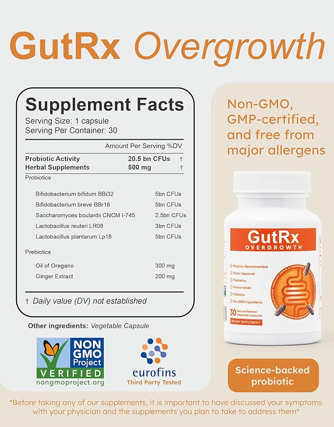 Overgrowth Probiotics for Women and Men with Saccharomyces Boulardii, Lactobacillus Reuteri & Bifidobacterium for Supporting Gut Health & Digestive Health, Gluten Free, 30 Capsules