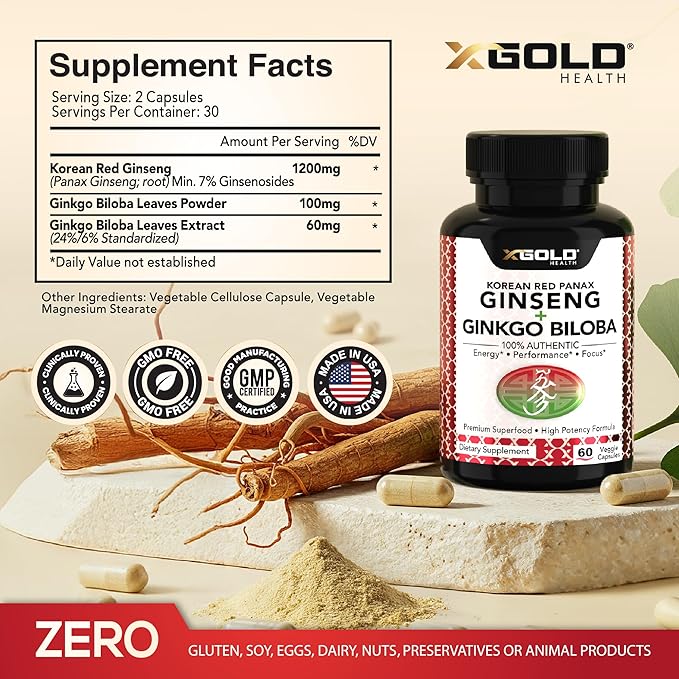 X Gold Health Korean Red Panax Ginseng + Ginkgo Biloba – 7% Ginsenosides Extra Strength – Energy, Memory, Focus & Brain Support – Premium Supplement for Men & Women – Non-GMO, 60 Vegan Capsules