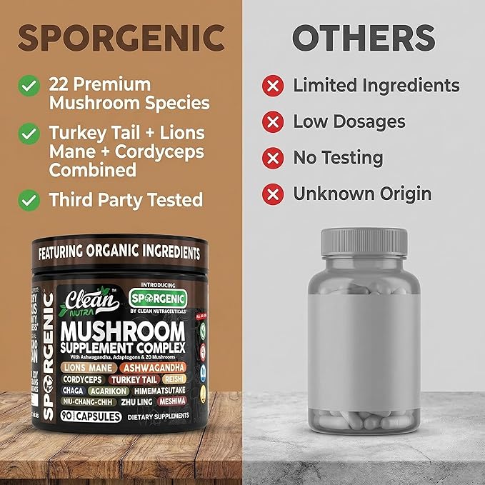 Organic Mushroom Supplement | Ashwagandha Lions Mane Cordyceps Turkey Tail Reishi Mushrooms Maca Root Black Hoof Chaga Tremella Agarikon Shiitake Oyster Powder Capsules Sporgenic By Clean Nutra (1)