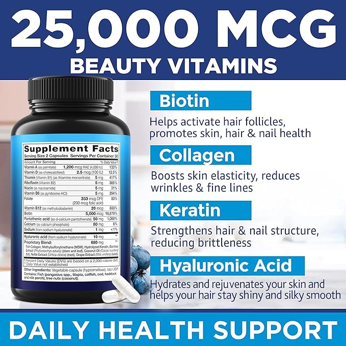 Biotin Collagen Keratin Supplement with Hyaluronic Acid - 25,000 mcg Hair Growth Vitamins for Men and Women - Thickness & Hair Loss Support Complex - Stronger Nails & Healthy Skin - 60 Capsules