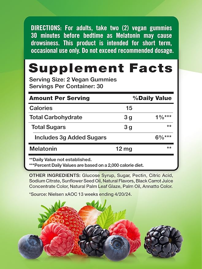 Nature's Truth Melatonin Gummies | 12mg | Mixed Berry Flavor | Vegan, Non-GMO & Gluten Free Supplement