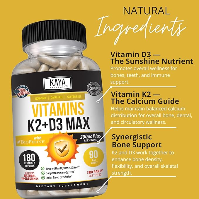 Kaya Naturals Vitamins K2 with D3 5000IU Supplement for Men and Women - Easy to Swallow - Bioperine Capsules (180 Count (Pack of 1)