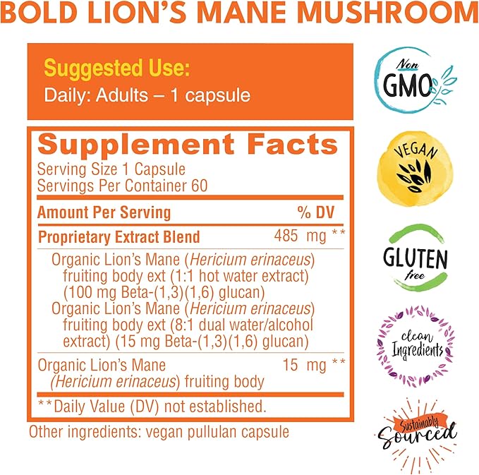 Bold Botanica Organic Lions Mane Supplement Capsules - 100% Fruiting Body Dual Extract - 115mg Beta-Glucans - Lion’s Mane Mushroom Extract for Brain, Memory & Mood, Immune Support - 60 Vegan Capsules
