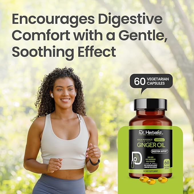 Dr. HERBALIST Ginger Oil Capsules 1600mg - Cold Pressed Zingiber Officinale with Gingerols & Shogaols | Supports Digestive Comfort & Joint Wellness* | Halal | 60ct