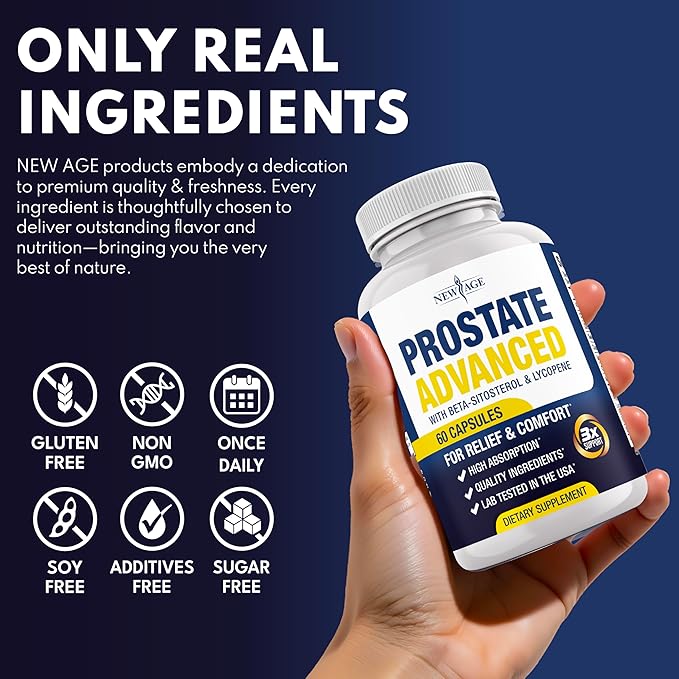NEW AGE Prostate Advanced Prostate Supplement for Men – Reduce Bathroom Trips, Promote Sleep, Support Health & Bladder Emptying - Made with Lycopene, Beta Sitosterol - 60 Count