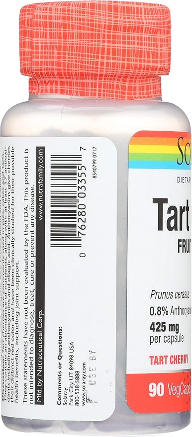 SOLARAY Tart Cherry Fruit Extract 425mg | Healthy Uric Acid Levels & Joint Support with Anthocyanins | 90ct, 45 Serv.