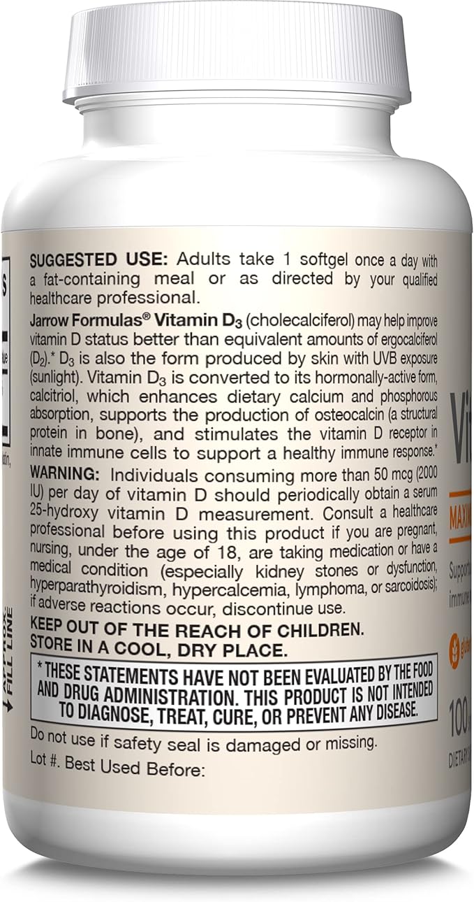 Jarrow Formulas Vitamin D3 125 mcg (5000 IU) - 100 Servings (Softgels) - Bone Health, Immune Support & Calcium Metabolism Support - Vitamin D Supplement - D3 Vitamins - 5000 IU Vitamin D (Pack of 12)