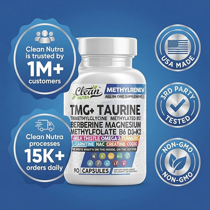 Clean Nutra TMG Supplements 1000mg | Methylated Multivitamin for Women Men | Taurine B6 Vitamins B12 D3 K2 Trimethylglycine Magnesium Methylfolate Milk Thistle NAC COQ10 B Supplement Complex Capsules