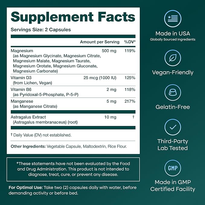 Magnesium Glycinate Complex for Women & Men - 500mg (7-in-1) with D3 & B6, Glycinate, Citrate, Malate, Taurate, Gluconate, Carbonate, & Orotate - Supports Sleep and Muscle Health [Oxide-Free] 60ct