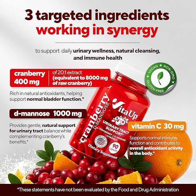 D-Mannose Supplements for Women – USA Made D-Mannose with Cranberry & Vitamin C – Cranberry Pills for Women for Urinary Tract & Bladder, Immune Support – 90 Vegan Capsules
