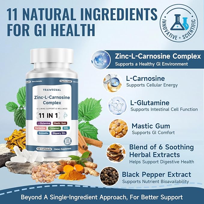 Zinc L Carnosine Complex 85mg, 11-in-1 Digestive & Gut Health Support Supplement, with Soothing Herbal Extract Blend, L-Glutamine & Mastic Gum, 100 Capsules, Non-GMO, Vegan