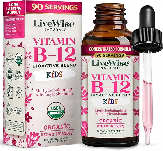 Organic Vitamin B12 Liquid Drops for Kids – Bioactive Blend with Methylcobalamin & Adenosylcobalamin - Vegan, Non-GMO, USDA Organic, 3 Months Supply, 0.4 FL OZ