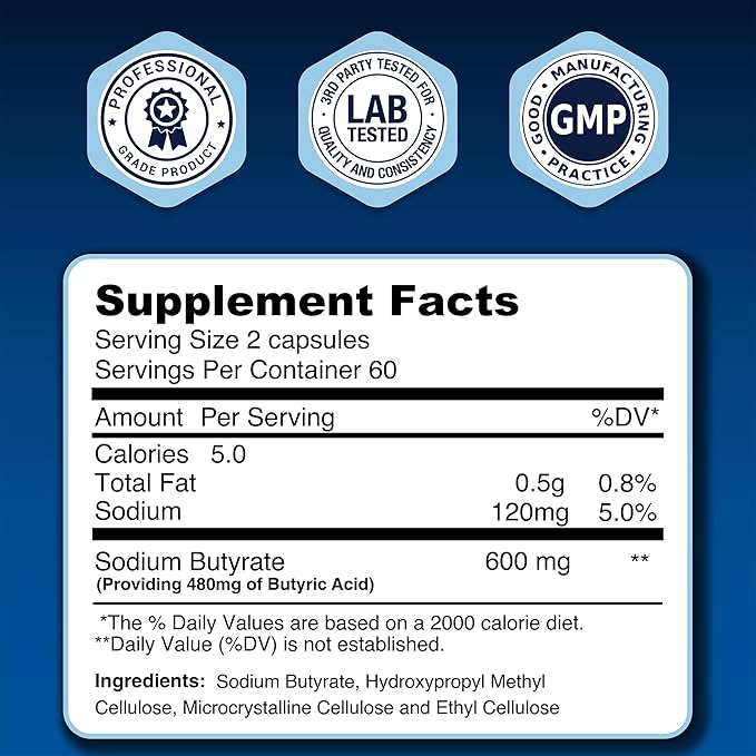 LongJuvity Sodium Butyrate Supplement (300mg) - Optimal Gut Health for Men & Women - Digestion Support & Leaky Gut Repair - Postbiotic Short Chain Fatty Acid, Lab Tested (120 Extended Release Caps)