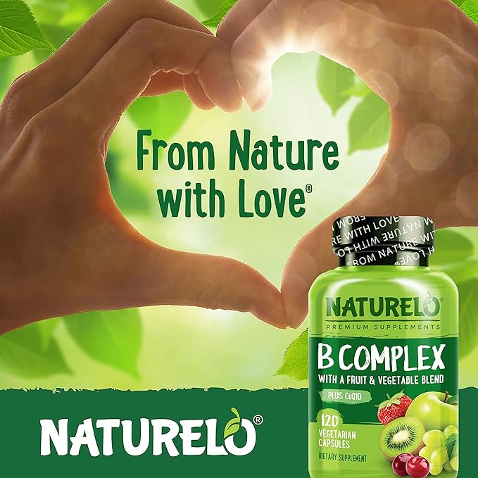 NATURELO Vitamin B Complex,120 Capsules, Vegan, CoQ10, Methyl Folate, Biotin, Fruit & Veg Blend, Supports Energy and Healthy Stress Response, Super B Complex Vitamins for Women and Men