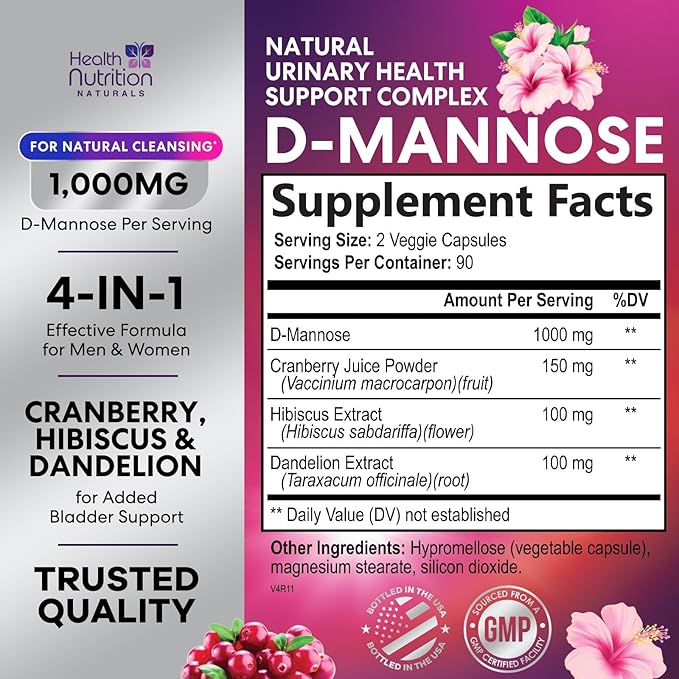 D-Mannose Supplement - 1,000mg D Mannose Per Serving with Cranberry, Hibiscus & Dandelion - Fast-Acting, Natural Urinary & Bladder Support for Women & Men – Flush & Cleanse Impurities – 180 Capsules