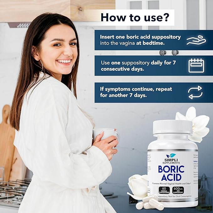 Simpli Supplements Boric Acid Suppositories for Women 600mg – 60 Count | Vaginal pH Balance Support | Feminine Care | Helps Maintain Freshness & Odor Control