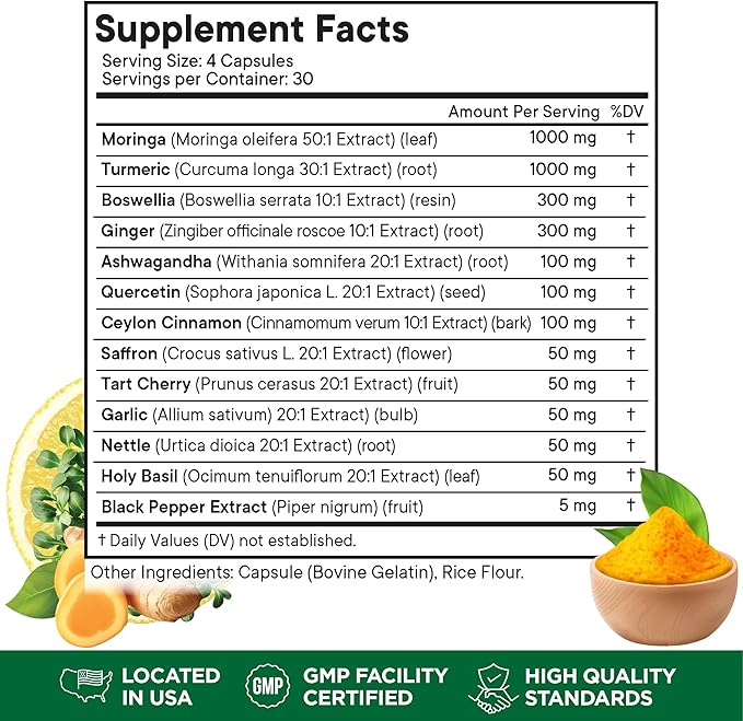 Moringa Supplement | Turmeric, Ginger, Boswellia, Saffron, Holy Basil, Nettle -Support Supplement for Women and Men with Ceylon Cinnamon, Quercetin, Tart Cherry - 360 Capsules