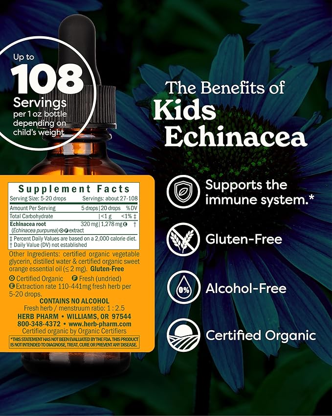Herb Pharm Kids Echinacea Extract Alcohol-Free Certified Organic Liquid Herbal Supplement for Kids, Immune Support Drops for Toddlers & Children, Non-GMO, Vegan, Echinacea Purpurea Root, 1 fl oz