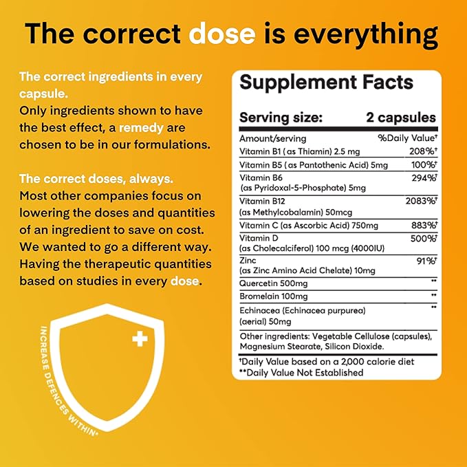 A Dose of Immunity - 7 in 1 Quercetin 500mg Supplement with Bromelain, Zinc, Vitamin C, Vitamin D & Vitamin B Complex Echinacea Immune Support Booster Supplements - (60 Count)