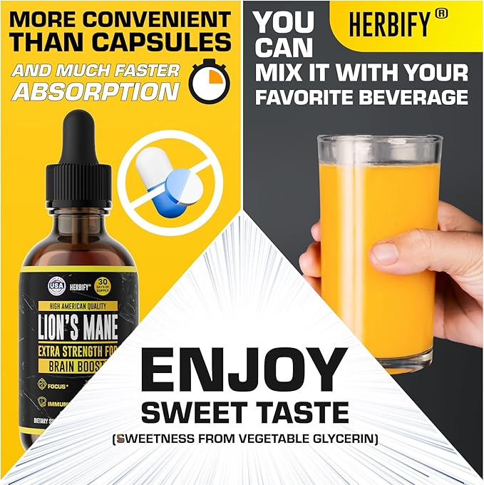 HERBIFY Lions Mane Mushroom Supplement - Immune Support - Lions Mane Tincture for Memory, Focus & Clarity - Daily Mushroom Supplement - 2 Fl oz 2 Pack