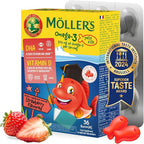MÖLLER'S Omega 3 Capsules, Natural Fish Oil Omega3 for Kids with DHA and EPA, No Gluten, Lactose or Added Sugar & Easy to Chew, Strawberry Flavor, 36 Capsules