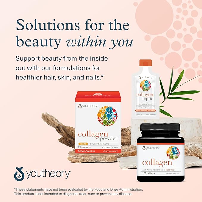 Youtheory Advanced Collagen with Vitamin C - 6,000 mg Hydrolyzed Collagen Peptides & Amino Acids - Hair, Nails, Joints & Bones Support - 120 Tablets (20-Day Supply)*