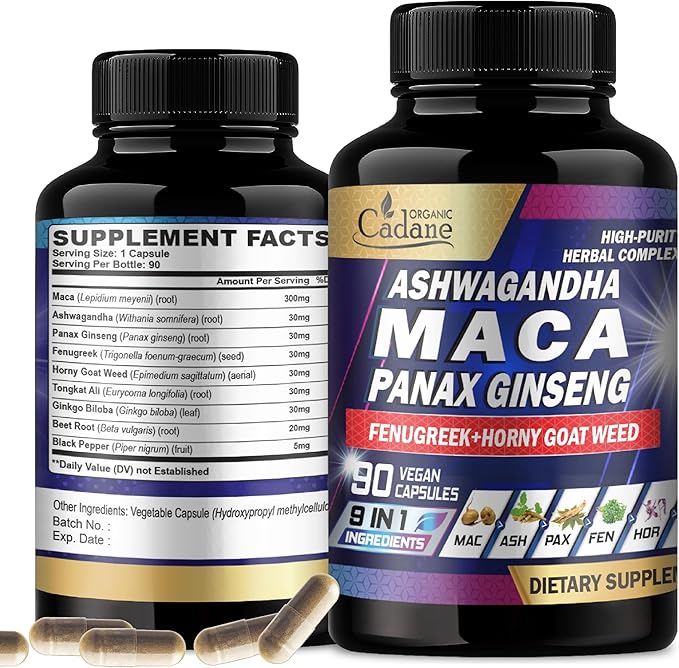 Organic Cadane Maca Root, Ashwagandha, Panax Ginseng Supplement - 90 Capsules 3 Months with Fenugreek, Tongkat Ali & More - Support Energy Production & Immunity