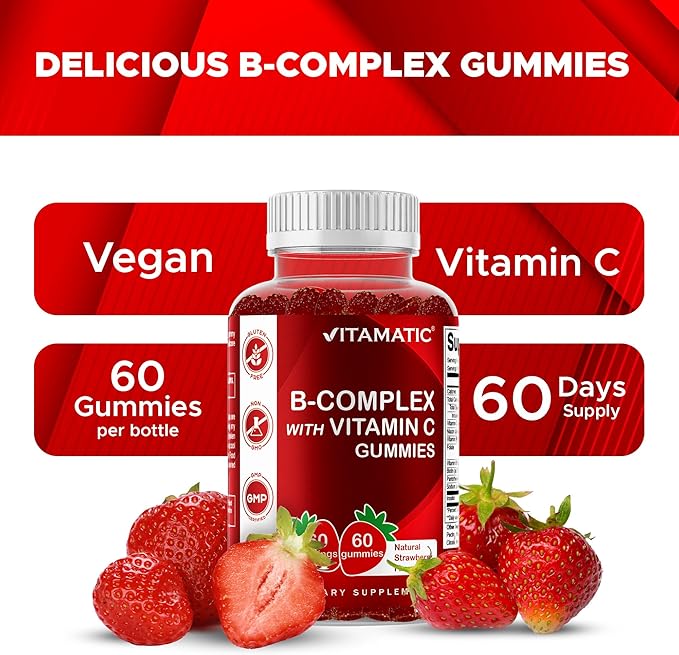 Vitamatic Vitamin B Complex Gummies with Vitamin C & Inositol - Natural Strawberry Flavor - 60 Gummies (3 Bottles)