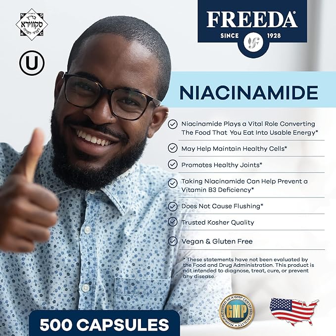 Freeda Niacinamide - Vitamin B3 Niacinamide 250 mg - Vegetarian No Flush Niacin Formula - B3 Vitamins Niacinamide Supplement - Niacin Flush Free Niacin Supplement Vitamin B3 Nicotinamide, 500 Capsules