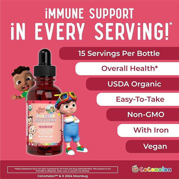 MARYRUTH'S Organics CoComelon Toddler Kids Multivitamin with Iron | Immune Support | Toddler Vitamins | USDA Organic | Sugar Free | Multivitamin Liquid Drops for Kids Ages 1-3 | Vegan | 1 Fl Oz