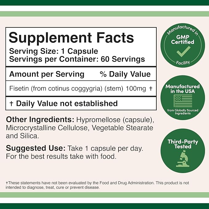 Fisetin Supplement - 100mg of Bioactive Flavnonols, 60 Count (Bioflavonoid Polyphenols Supplement Similar to Apigenin, Luteolin, and Quercetin) Aging Support Senolytic by Double Wood (Pack of 2)