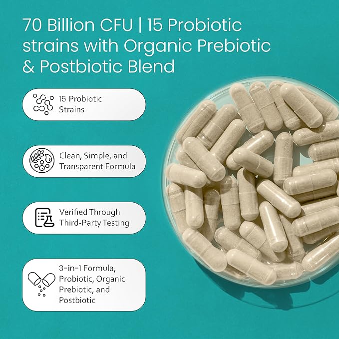 NaturaLife Labs Probiotics 70 Billion CFU – 15 Strains with Organic Prebiotic & Postbiotic – 3-in-1 Formula – 30 Vegan Capsules