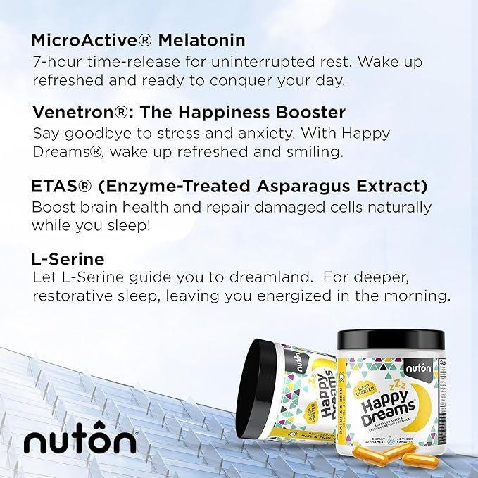 Nuton Day & Night Bundle-Happy Cells NMN Supplement with Bioperine for Morning Energy & Cognitive Support + Happy Dreams Natural Sleep Aid with Melatonin, ETAS, L-Serine, Venetron for Celular Repair