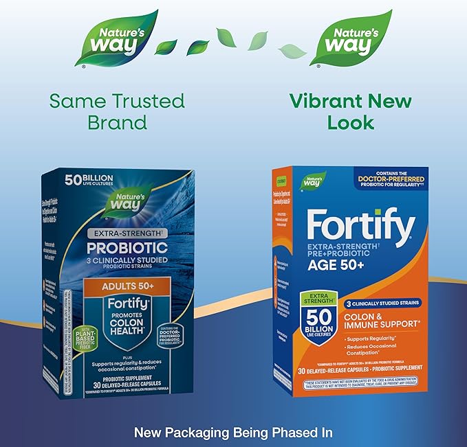 Nature’s Way Fortify Extra Strength(1) Pre+Probiotic Adults 50+, 50 Billion Live Cultures, Prebiotics, Probiotics for Digestive Health*, Immune Support*, Colon Health*, 30 Capsules