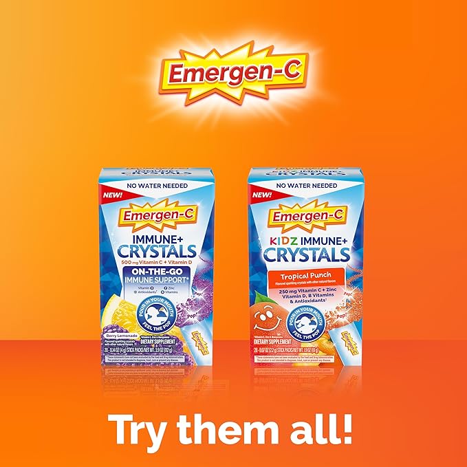 Emergen-C Kidz Immune Plus Crystals, On-the-Go Immune Support Supplement with Vitamin C, Vitamin D, B Vitamins, Zinc and Manganese, Tropical Punch - 28 Stick Packs