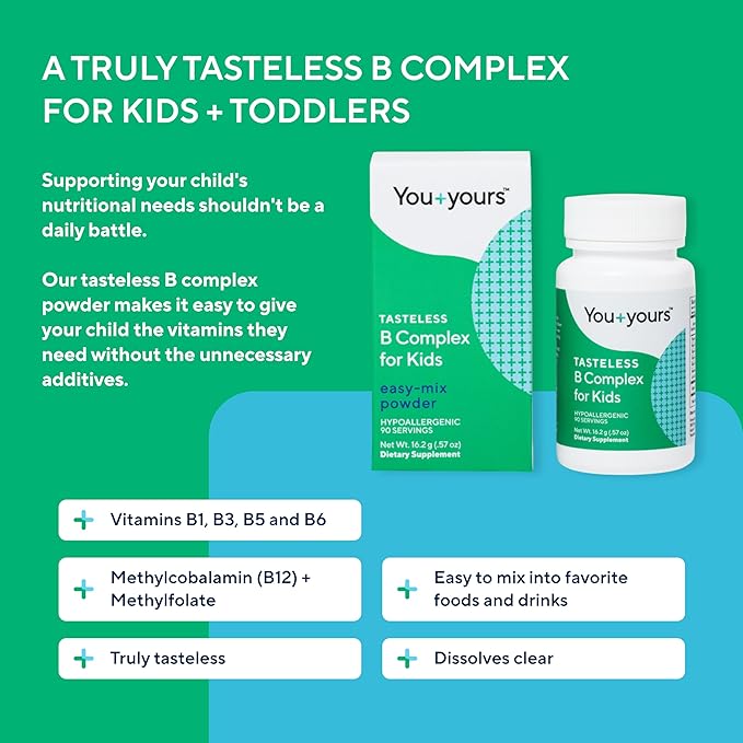 Tasteless B Complex Powder for Kids- B1, B3, B5, B6, Methylfolate and Methyl B12. No Sweeteners, Flavors, Colors or Preservatives. Add to Beverages or Food.