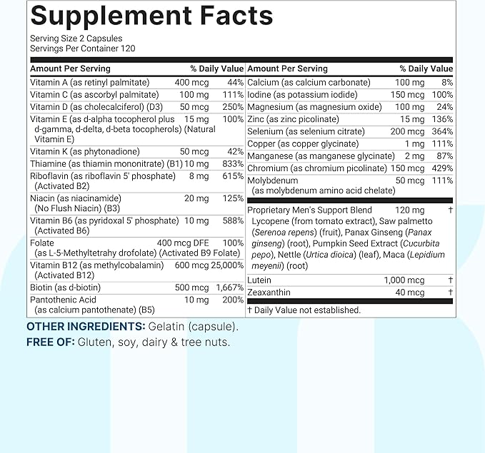 Micro Ingredients Pure Methylated Multivitamin for Men, 240 Capsules | 30 Essential Nutrients with Activated B Complex & Methylfolate + Saw Palmetto, Ginseng, Maca, Lycopene, Vitamin D3 & Zinc