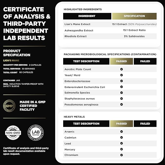 16x Strength Lions Mane Supplement Capsules Super Nootropic w. Ashwagandha & Rhodiola - Highest Potency 16:1 Lion's Mane Mushroom Extract 50% Polysaccharides Brain Supplements for Memory and Focus