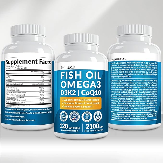 5-in-1 Fish Oil Omega 3 Fatty Supplements (2100mg) - Omega 3 Fish Oil with Vitamins D3 K2 and CoQ10 - Lemon Flavored (120 softgels, Pack of 3)