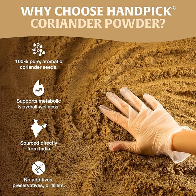 HANDPICK Coriander Powder (14oz) 100% Natural Ground Coriander | Premium Quality and High Value | Non-GMO, Gluten Free, Sourced from India | No Adulterations | Packed in Resealable Ziplock Pouch