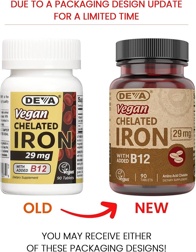 DEVA Nutrition Vegan Chelated Iron 29 mg Fortified with B-12 - High Potency, Easy to Swallow - 90 Tablets, 2-Pack